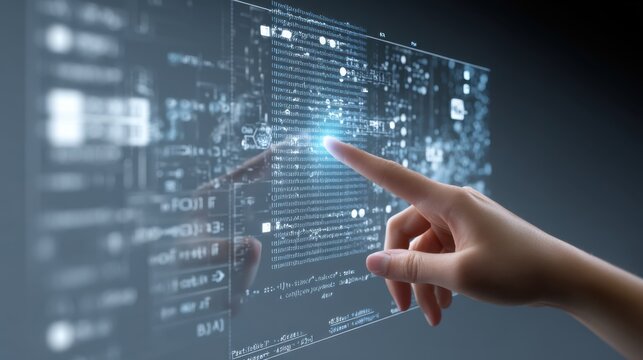 Futuristic User Interface with Hand Interacting with Digital Data and Holographic Projections in a Technological Environment