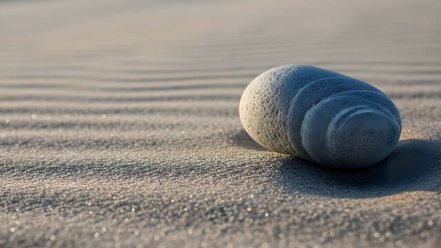 Close up of a smooth stone on textured sand with warm sunlight - Powered by Adobe