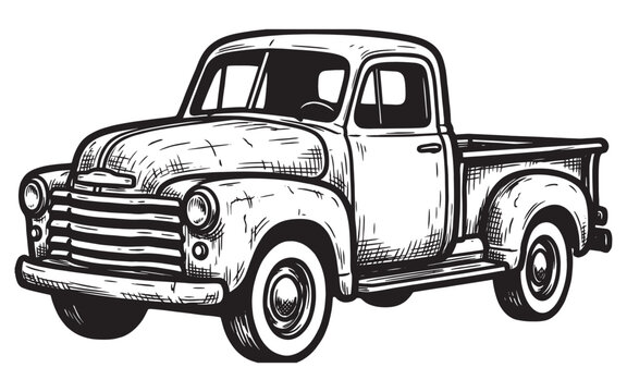 Classic Vintage Pickup Truck Illustration in Detailed Hand Drawn Sketch Style