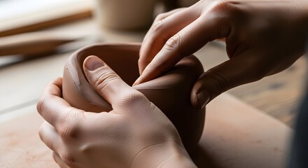 Hands shaping clay pot in workshop studio creating pottery artwork