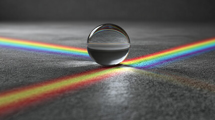 A glass ball is splitting light into spectrum of colors creating rainbow on surface