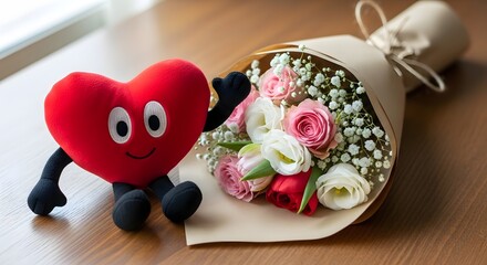 Heart character with flowers on a wooden surface for romantic concept