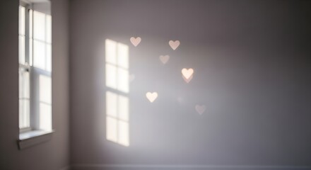 Abstract heart bokeh floating in a room with window light and copy space