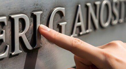 Finger touching metallic letter closeup representing word or concept
