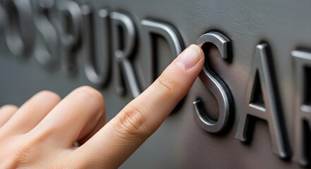 Close up of a finger touching metallic letters on a surface