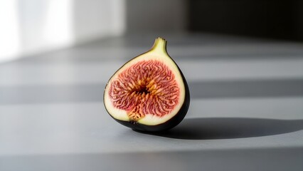 Fresh fig fruit sliced in half on a grey surface with natural sunlight