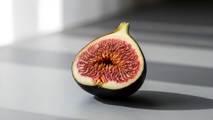 Close up of a fresh fig cut in half with natural light and shadow play