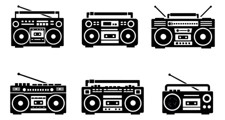 Obraz premium Graphic boombox icons set featuring various retro radio cassette players for music and audio concepts