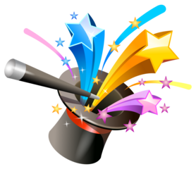 Black magician top hat or conjurer hat with a magic wand and exploding colorful stars and light trails or magic sparks on transparent background