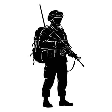 Silhouette of a soldier with backpack and rifle, ready for combat