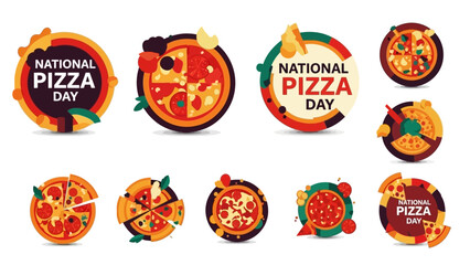 A collection of colorful pizza illustrations celebrating National Pizza Day, featuring various toppings and a mix of text and graphic designs on a clean white background.