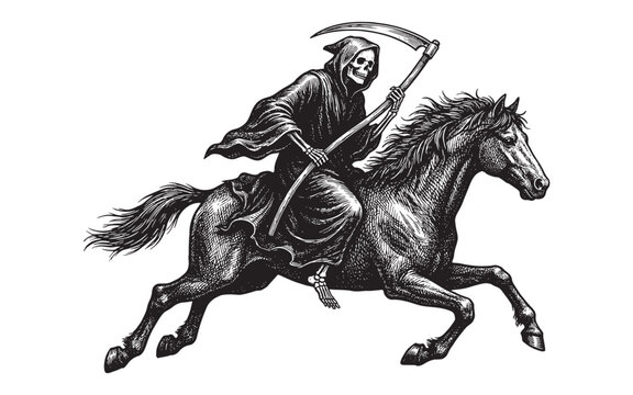 Grim Reaper Death Riding a Galloping Skeleton Horse