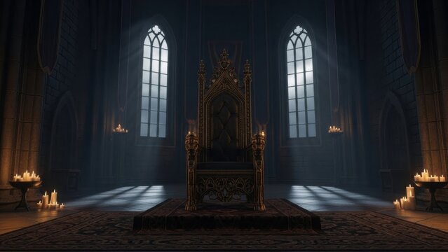 Dark Majestic Throne Room with Candles and High Gothic Windows