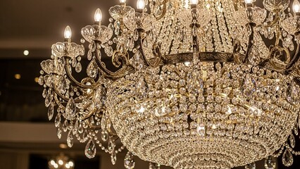 Luxurious crystal chandelier with intricate details and warm lighting in an elegant indoor setting