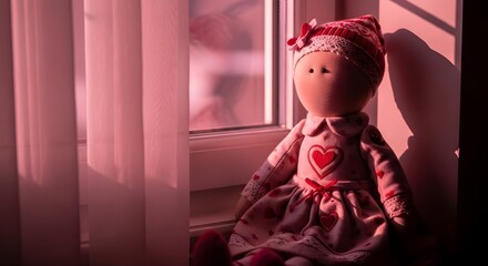 Doll by window with heart shaped design pink dress and hat interior scene