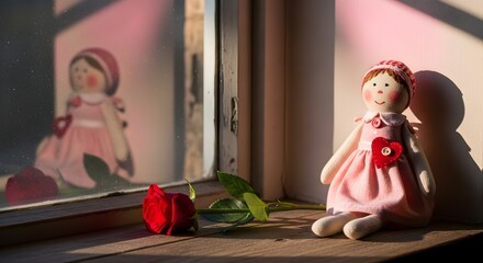 Doll sitting by a window with a reflection in soft sunlight copy space