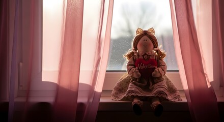 Doll sitting in sunlight by a window with pink curtains and natural light
