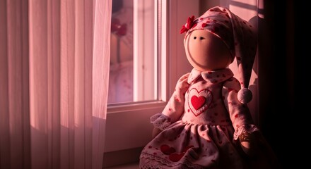 Doll in sunlight next to a window with curtain and warm color tones