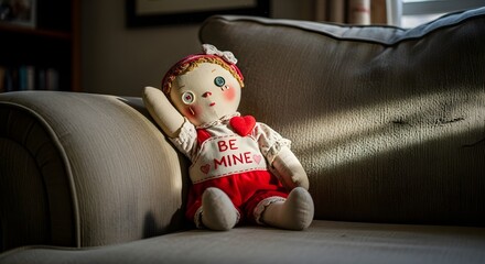 Vintage doll relaxing on a couch in soft sunlight conceptual image
