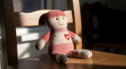 Knitted doll sitting on a wooden chair soft lighting copy space