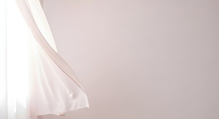 White sheer curtain gently blowing near wall with copy space and bright light