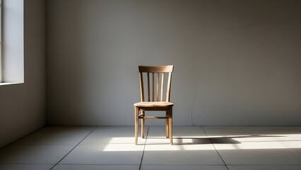 Wooden chair centered in empty room bathed in sunlight from the window