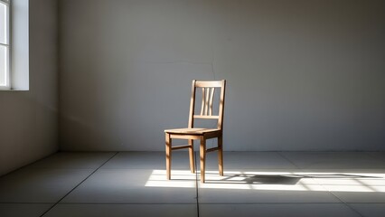 Wooden chair in empty room with sunlight from window minimal interior design