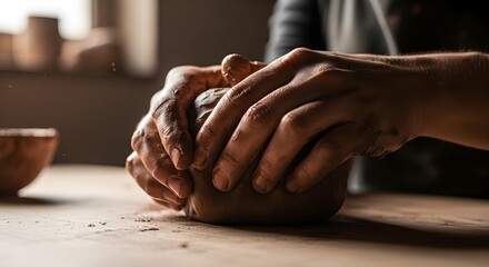 Hands shaping clay on a wooden table close up studio shot