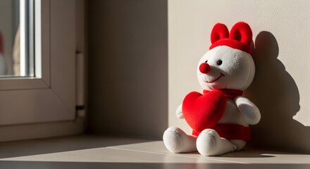 Stuffed bunny holding heart toy sits near window with soft sunlight