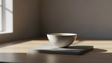 Minimalist ceramic bowl on a wooden surface with soft lighting