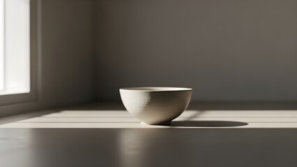 Minimalist ceramic bowl illuminated by soft natural light on a neutral background