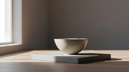 Minimalist ceramic bowl on square platform in bright room with natural light
