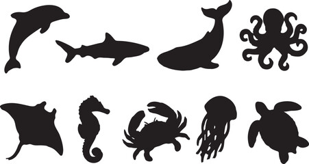 Black marine animals silhouette icon set with dolphin, shark, whale, octopus, crab, jellyfish, ray, seahorse, puffer fish, vector Isolated on transparent background, png © Asma