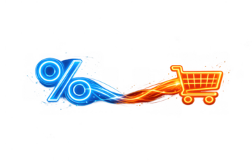 Percentage sign connecting to shopping cart with glowing neon light, displaying discount offers and online retail promotion, transparent background
