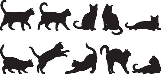 Black cat silhouette set in vector clipart, walking sitting stretching jumping poses for logo or pet icon design © Asma