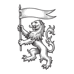 Heraldic lion standing holding a blank banner flag, vintage hand drawn engraving style illustration. © trianatio