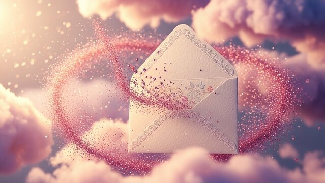 Love letter in envelope with pink heart particles floating in cloudy sky with sunshine