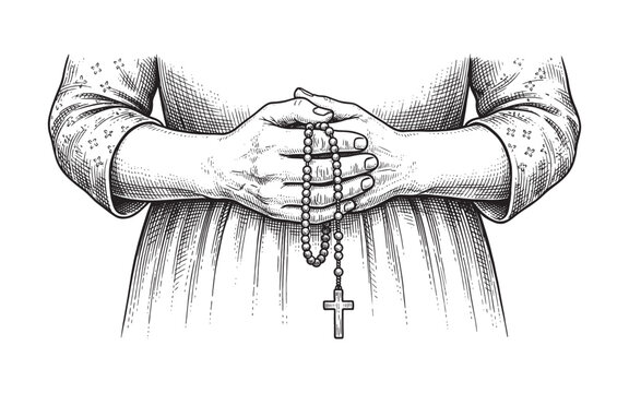 Close-up sketch of praying hands with rosary beads, vintage engraving style religious illustration.