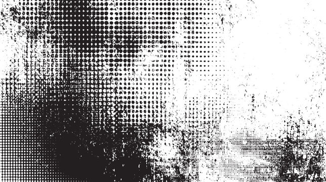 Monochromatic abstract background featuring a dense halftone pattern transitioning into rough grunge textures and ink smudges