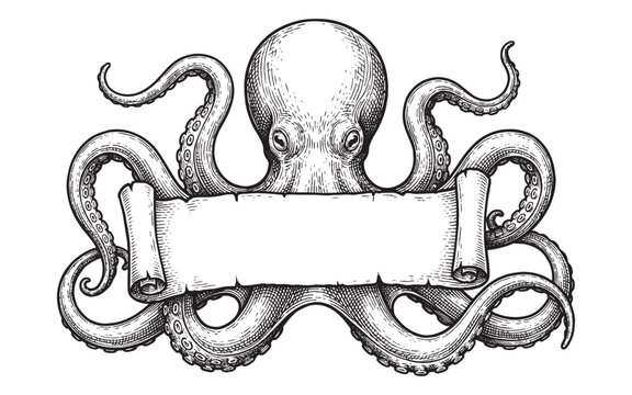 octopus holding a blank parchment ribbon banner, nautical engraving style vector illustration.