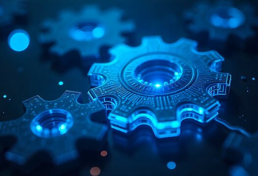 Abstract blue digital gears symbolizing AI innovation, business technology growth, futuristic industry transformation, automation, data networks, and intelligent systems powering modern enterprises.