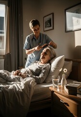 Caregiver Brushing Senior Woman's Hair in Bed, Morning Light