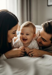 Happy Baby Laughing with Loving Parents on Bed