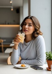 Young Woman Enjoying Iced Drink at Modern Cafe Table