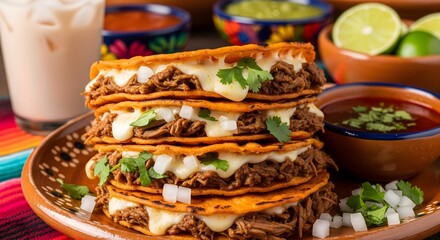 Stack of Authentic Birria Quesatacos with Melted Cheese