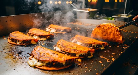 Hot Birria Tacos Cooking on Griddle with Melted Cheese and Steam