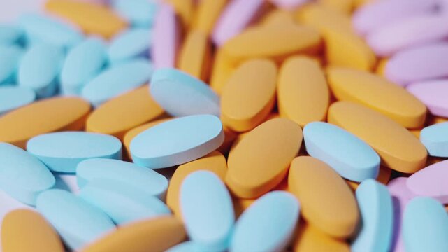 Rotating pile of multicolored pastel pills filmed in close up on white background showing concepts in nutritional science, daily vitamins, supplement and the pharmaceutical industry.