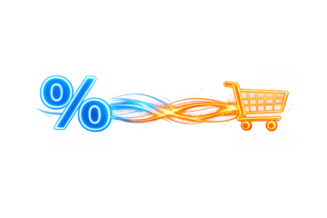 Percent symbol and shopping cart uniting with glowing light trails representing online sale, discount, and retail promotions, transparent background
