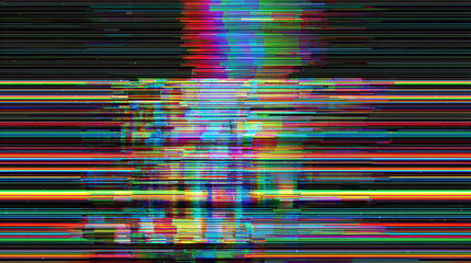 Digital abstract art with glitch effect creating a chaotic display of colors and lines. A visual representation of technological distortion