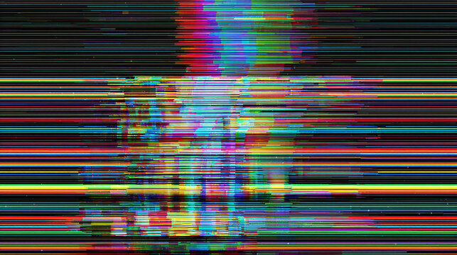 Digital abstract art with glitch effect creating a chaotic display of colors and lines. A visual representation of technological distortion